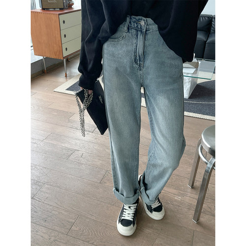 松紧腰牛仔裤女直筒宽松