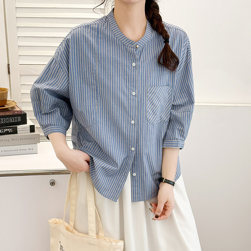韩版百搭条纹衬衫女宽松显瘦