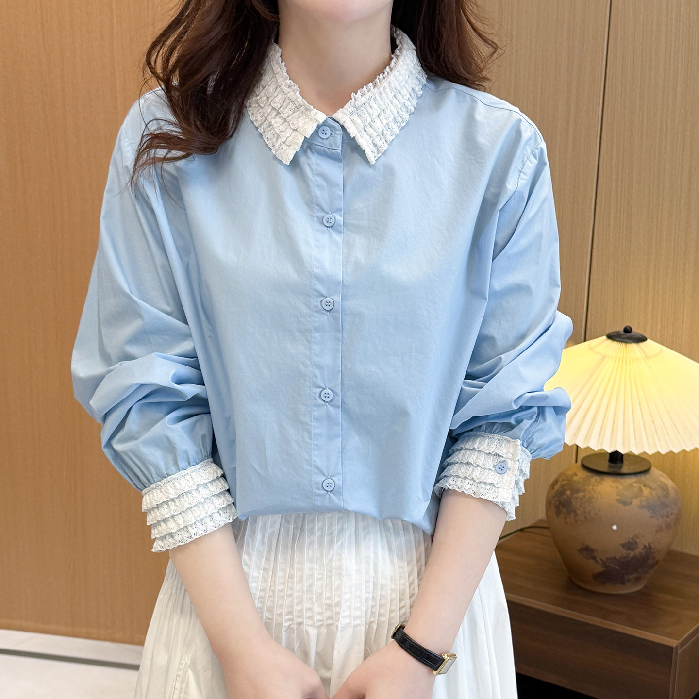 春季新款设计感小众蕾丝风蓝色长袖衬衫女温柔风翻领宽松衬衣春夏,女装/女士精品,衬衫,淘宝优惠券,粉丝福利购,淘宝优惠卷