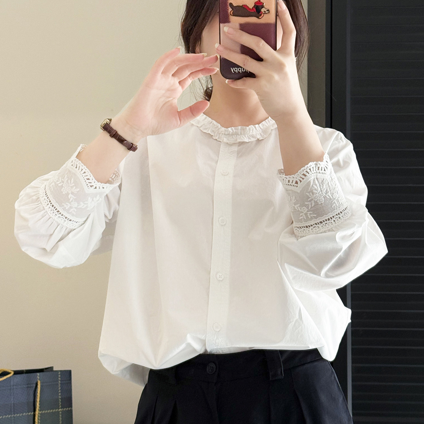 小个子木耳边立领纯棉灯笼袖衬衫女长袖洋气设计感小众宽松上衣