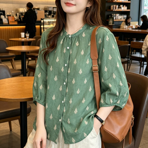 夏季小清新苎麻印花七分袖衬衫