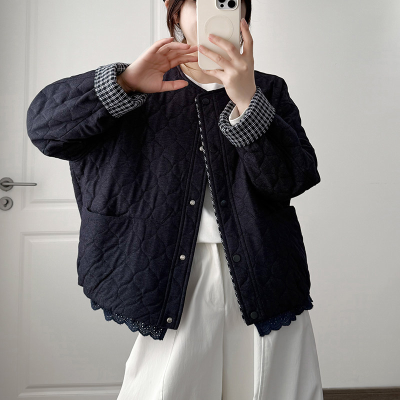 菱格纹棉服女2025新款圆领格纹