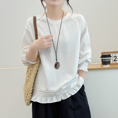 春秋白色宽松蕾丝拼接长袖T恤女