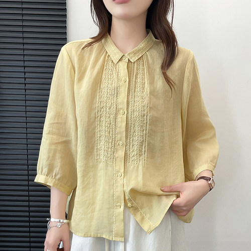夏季文艺苎麻刺绣显瘦衬衫女