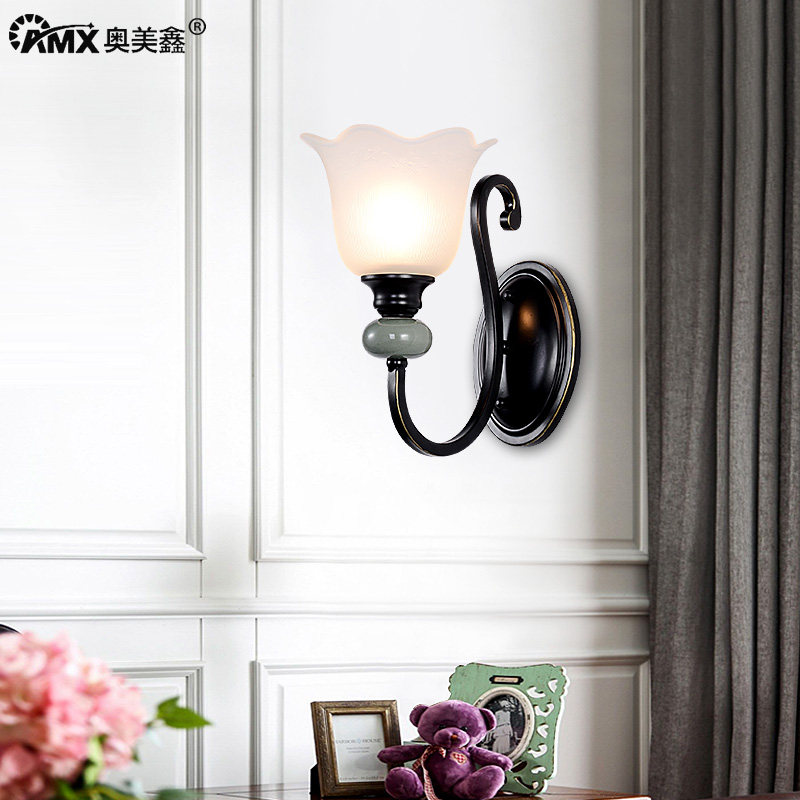 美式乡村田园陶瓷壁灯简约温馨卧室床头客厅走廊过道铁艺镜前灯具