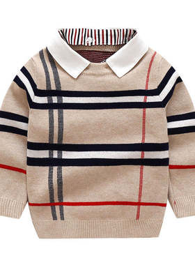 20藏蓝色秋新款风男童格子提花可拆卸衬衣领假两件套包芯纱毛衣