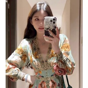 【送运费险现货】2023秋季新款法式长裙干枯玫瑰印花宴会女连衣裙