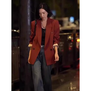 【送运费险】秋季新品高级感小西服时尚薄款橘红色西装外套女
