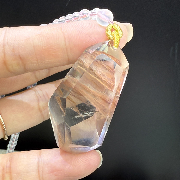 天然紫粉色兔毛水晶随型吊坠水晶柱饰品项链原石多面体水晶毛衣链