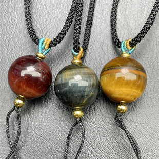 天然虎眼石圆珠吊坠木变石项链男女款毛衣链挂件民族风配饰礼物