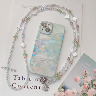 可爱正方饼干水晶手机挂绳斜跨可背串珠小兔子挂件ins风肩背挂链