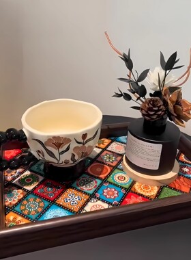 两个装高档复古托盘波西米亚风橙系茶盘桌面钥匙摆件收纳盒置物盘