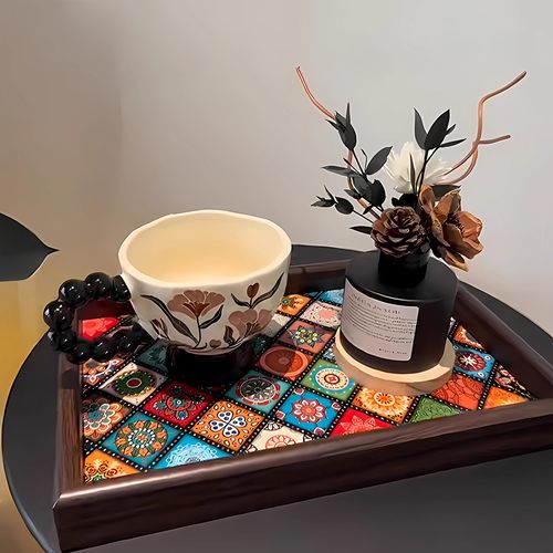 两个装高档复古托盘波西米亚风橙系茶盘桌面钥匙摆件收纳盒置物盘