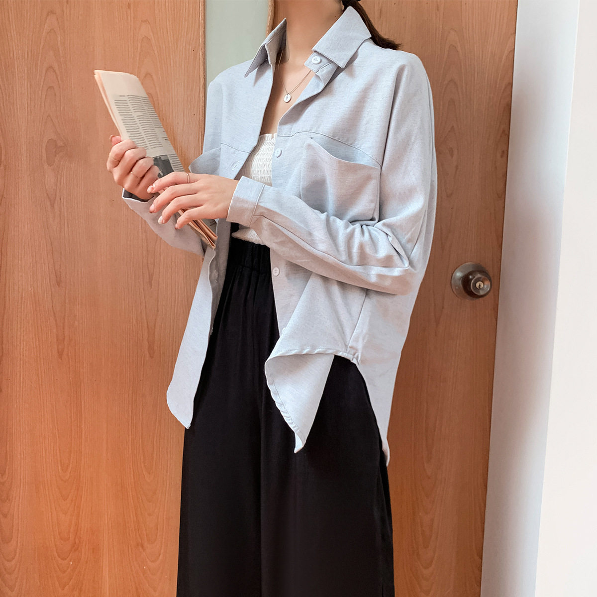 【欧凡】5718磨毛插肩袖纯色衬衫2025春季新款韩版女装宽松衬衣女