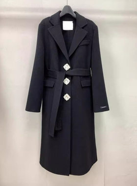 大连女装26秋冬新款网红同款穿搭黑色系带直筒双面羊毛呢大衣外套
