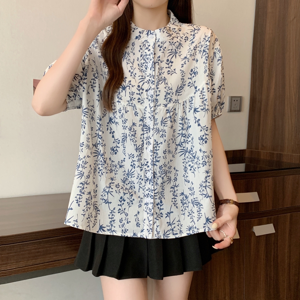 大码女装青花瓷碎花衬衫圆领宽松
