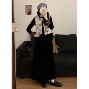 秋冬新款新中式国风禅意风提花盘扣马甲大码胖MM连衣裙两件套装