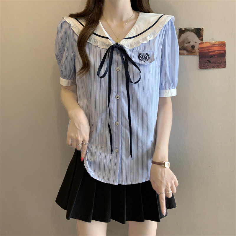 ~大码胖MM2026新款海军领蓝色条纹衬衫女超好看显瘦上衣