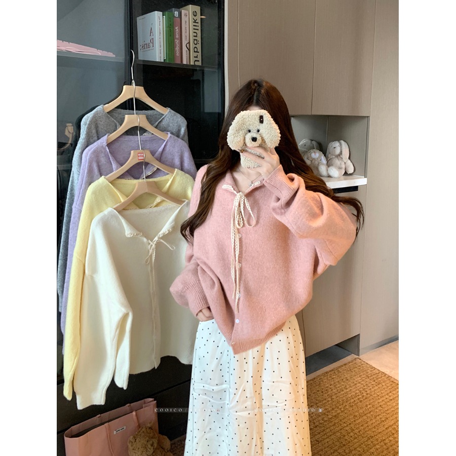 大码蕾丝系带毛衣开衫外套女