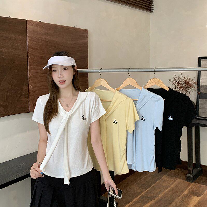 2026夏装新款胖mm大码女休闲气质卡通刺绣披肩正肩短袖T恤