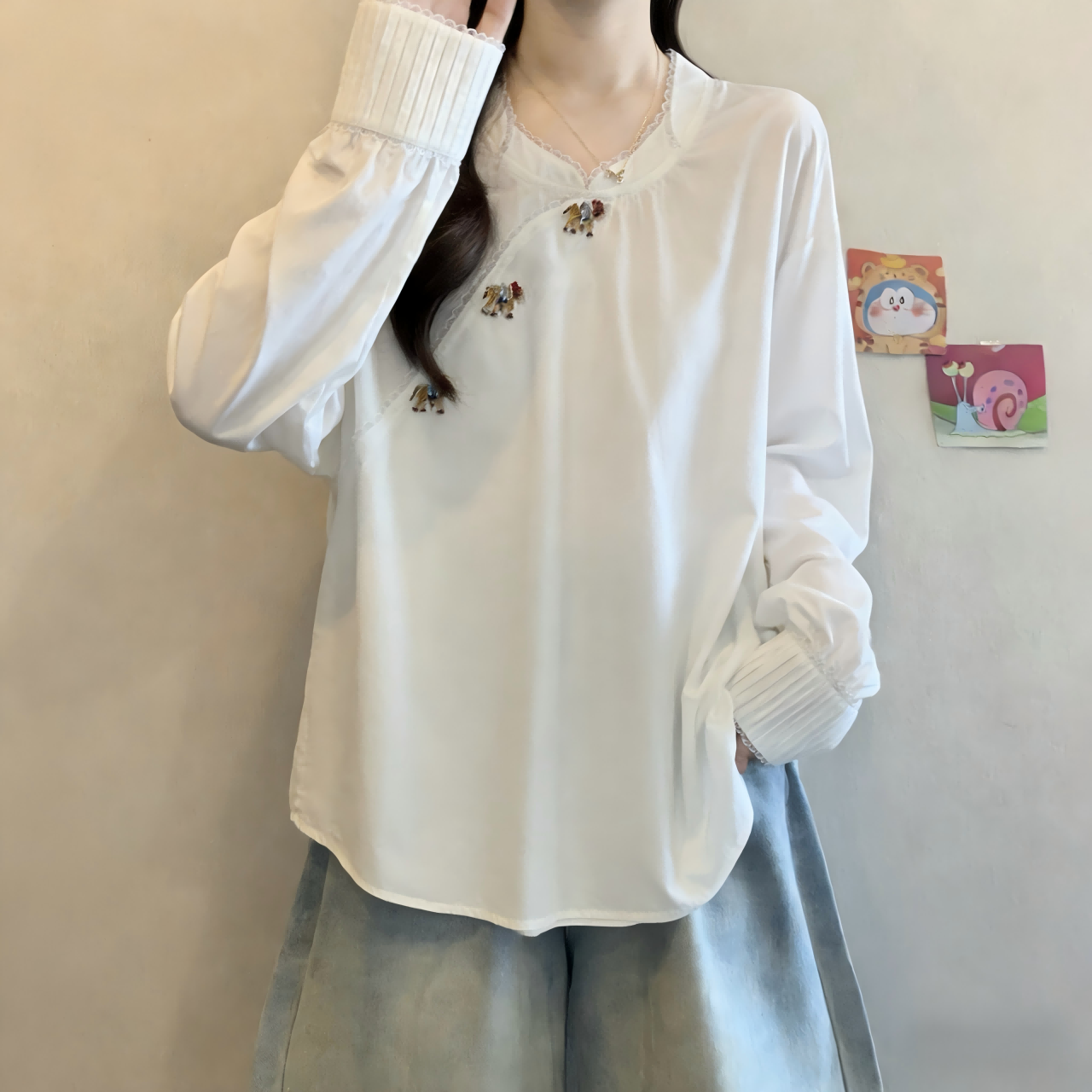 大码女装2026早春新款国风重工彩钻手工小马拼接蕾丝长袖衬衣