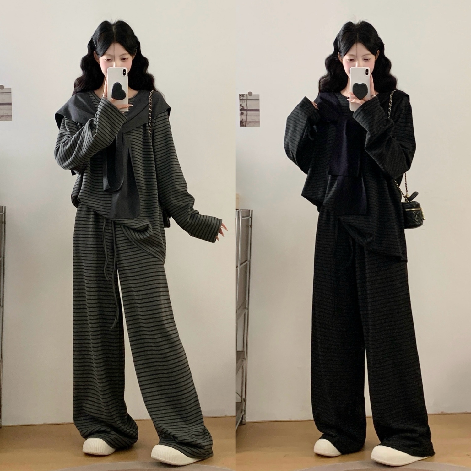 慵懒风条纹披肩上衣+长裤两件套