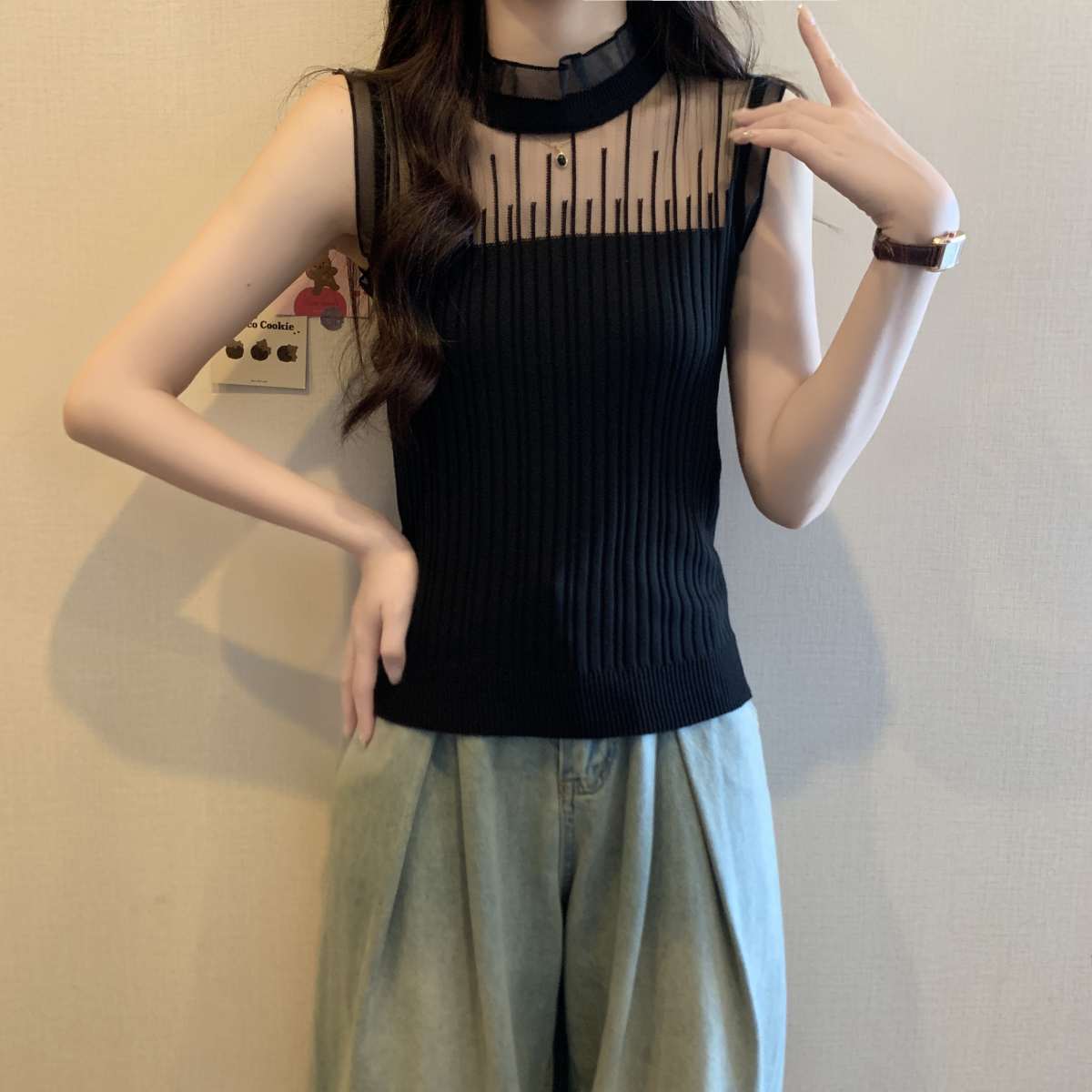 大码针织网纱拼接打底衫女夏季