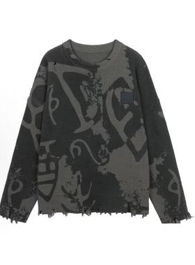 INXX ALLPICK 下摆袖口破口设计圆领套头针织衫灰色APD4061589