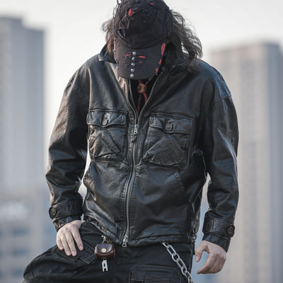 C76095-马皮复古做旧皮衣男款真皮街头通勤春秋机车皮衣休闲夹克