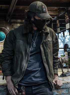 C76058-牛皮复古做旧风格皮衣男款真皮通勤翻领秋冬机车休闲夹克