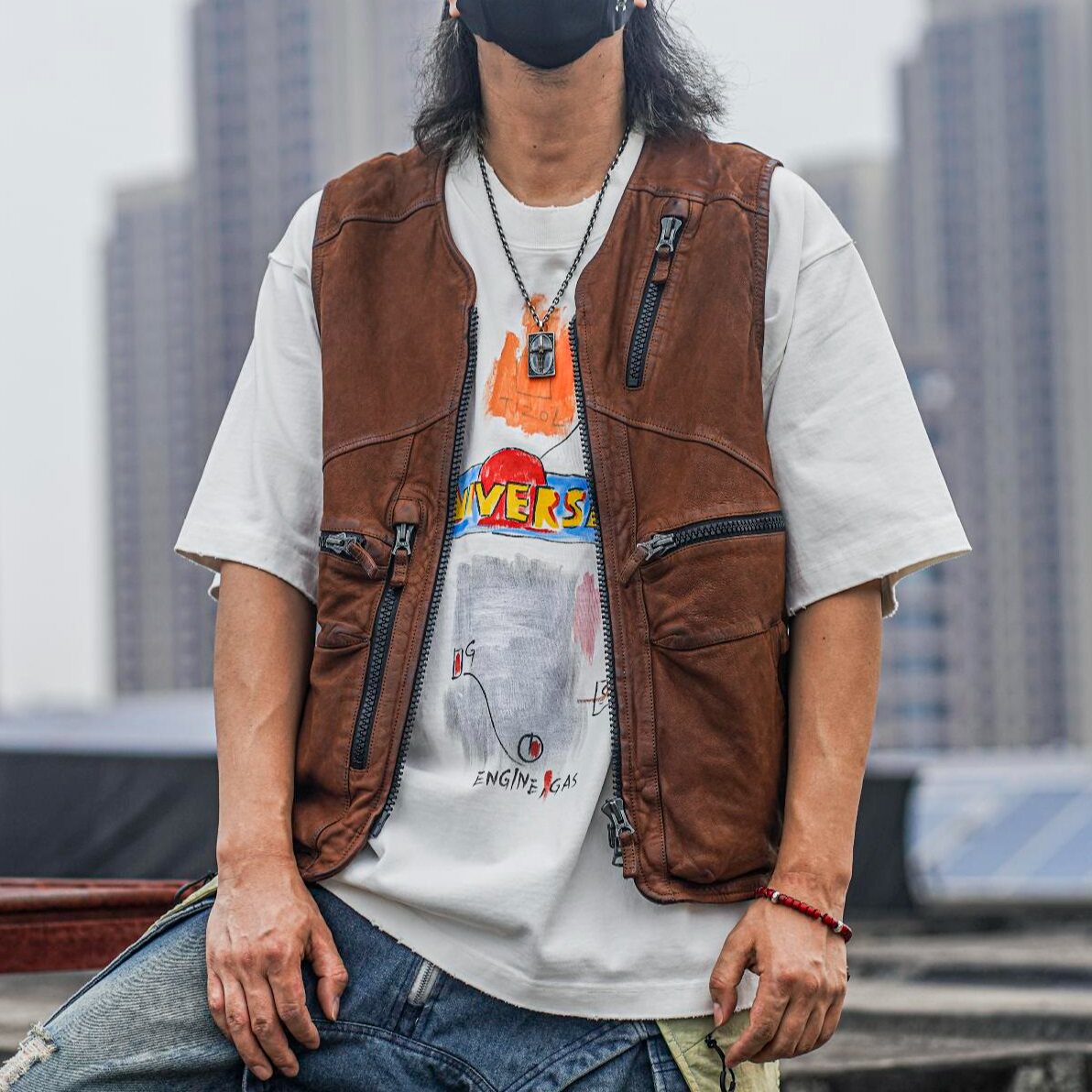 C75063男士休闲复古山羊皮马甲重水洗做旧美式时尚透气皮坎肩