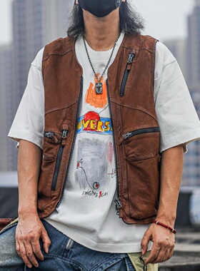 C75063男士休闲复古山羊皮马甲重水洗做旧美式时尚透气皮坎肩