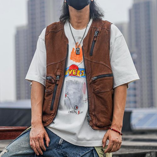 C75063男士休闲复古山羊皮马甲重水洗做旧美式时尚透气皮坎肩