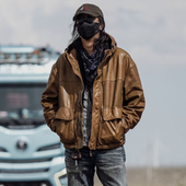 C76039 休闲夹克 真皮通勤连帽秋冬阔版 牛皮复古做旧风格 皮衣男款