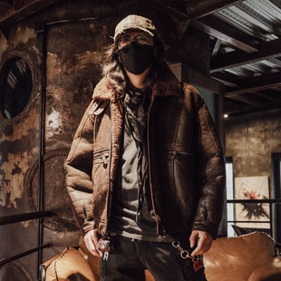 T76053-1醇植浆染男款皮毛一体复古水洗做旧工艺保暖皮毛一体男款