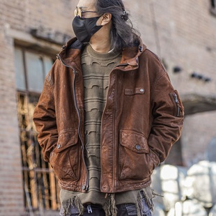 狂欢与静止【野渡】C75139山羊皮重水洗复古做旧皮衣男款真皮夹克