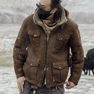 T76052-男款皮毛一体复古水洗做旧工艺保暖皮草休闲外套带帽夹克