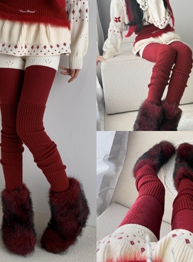 新年红火LOOK！氛围感波浪纹提花连裤袜叠搭红色过膝针织堆堆袜套