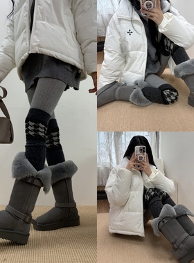 步履轻盈2025冬季Yiss灰色竖纹连裤袜叠搭深灰费尔岛袜套