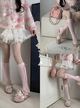 少女狙击手早春小香风蕾丝镂空蝴蝶结小腿袜叠搭菱格亮闪连裤袜