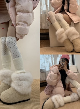绒雪织境2025冬季白色波点过膝小腿袜叠搭拼接毛绒袜套
