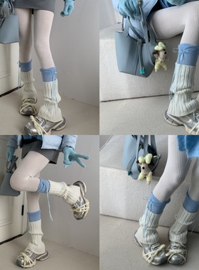 冬日轻盈伴侣~氛围感针织开叉奶白色袜套叠搭蓝色镂空绑带小腿袜