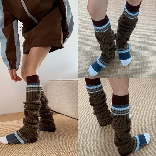 静奢风条纹咖色系Y2K混搭袜套