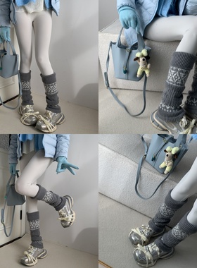 灰白协奏曲~复古费尔岛深灰色针织袜套叠搭白色裸感瑜伽裤