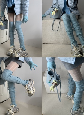 云端絮语2025冬季复古蕾丝竖纹连裤袜叠搭蓝色针织绑带堆堆袜套