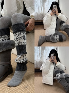 薄雾晨光2025冬季灰色竖纹连裤袜叠搭费尔岛针织袜套