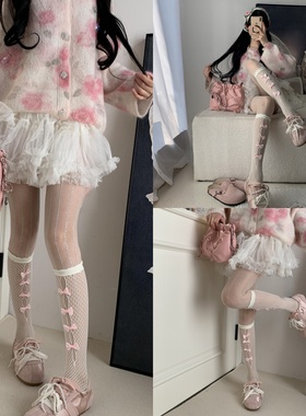 星尘漫游2026早春甜美风蕾丝镂空蝴蝶结小腿袜叠搭白色银丝连裤袜
