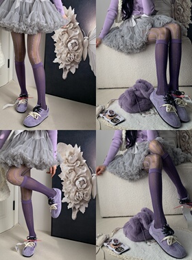 晨雾朦胧2026春季氛围感透肉波浪纹小腿袜叠搭少女碎花紫色连裤袜