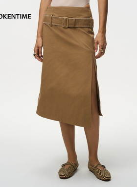 AWOKEN TIME 休闲百搭高腰系带开衩中长裙2025秋新款侧开衩半身裙