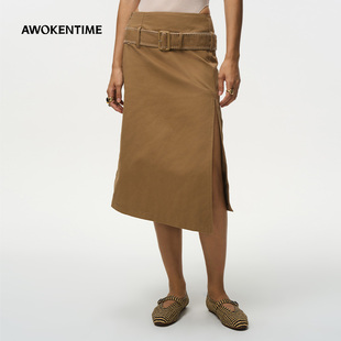 AWOKEN TIME 休闲百搭高腰系带开衩中长裙2025秋新款侧开衩半身裙